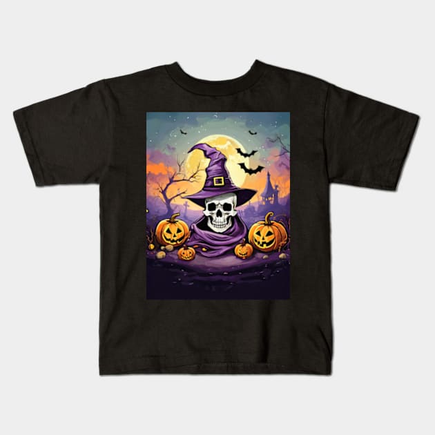 Halloween Scene Kids T-Shirt by ArtFactoryAI